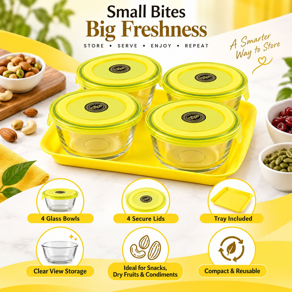 Glass Bowl Set With Plastic Lids And Serving Tray For Snacks And Nuts (5 Pc Set)