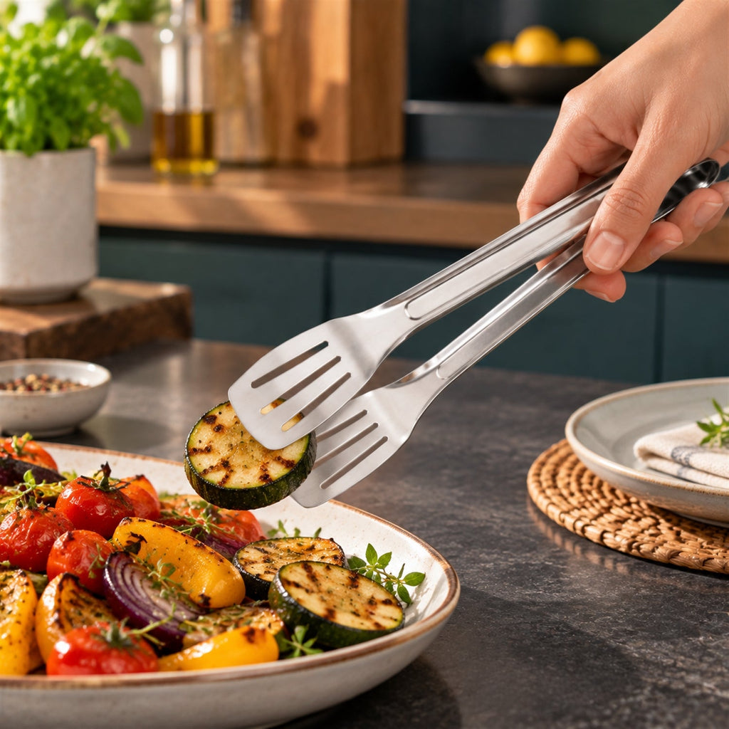 Stainless Steel Kitchen Tongs With Slotted Heads For Cooking And Serving (1 Pc)
