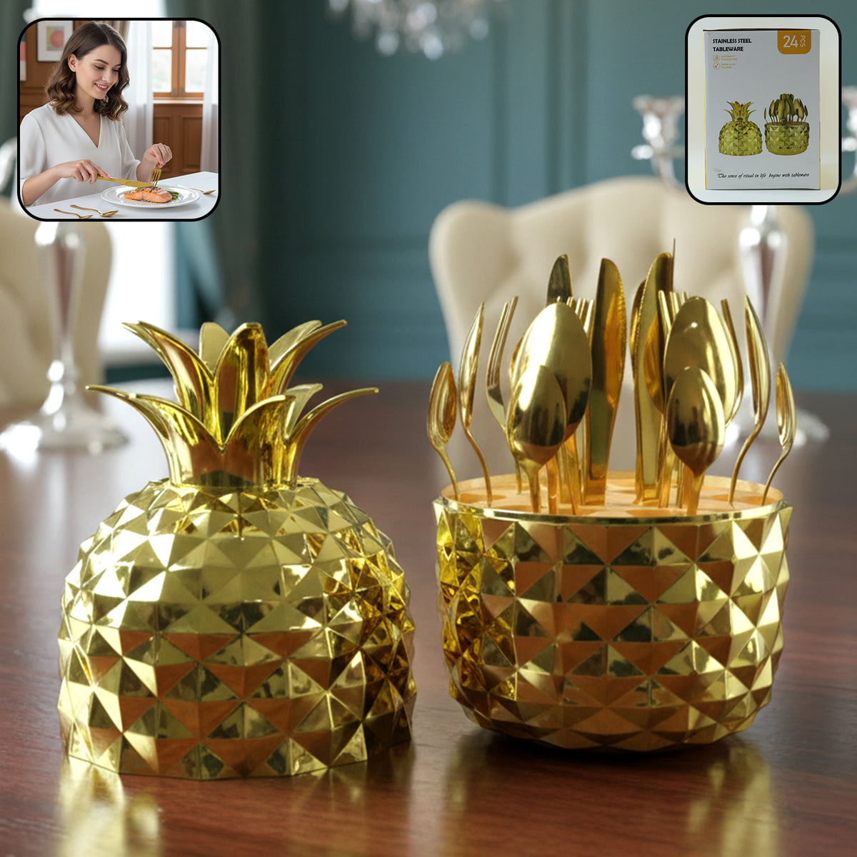 Stainless Steel Golden Cutlery Set With Pineapple Storage Stand (24 Pc Set)