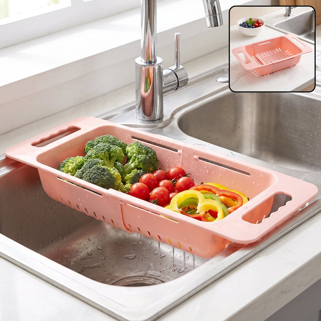 Adjustable Plastic Over The Sink Drain Basket Colander With Handles (1 Pc)