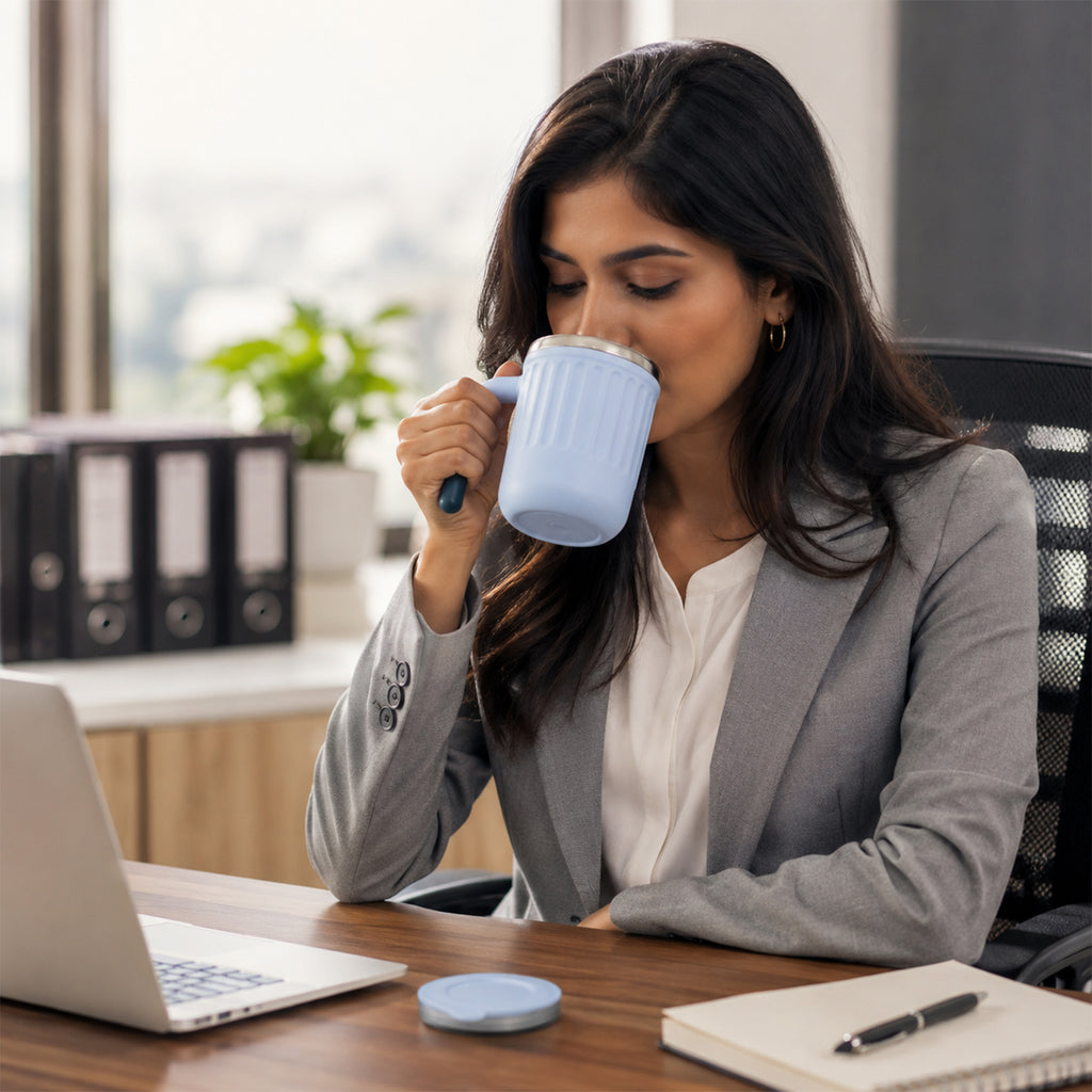 Apex Office Mug 400 Ml With Handle And Lid Steel Rim Coffee Mug (1 Pc)apex Office Mug 400 Ml With Handle And Lid Steel Rim Coffee Mug (1 Pc)