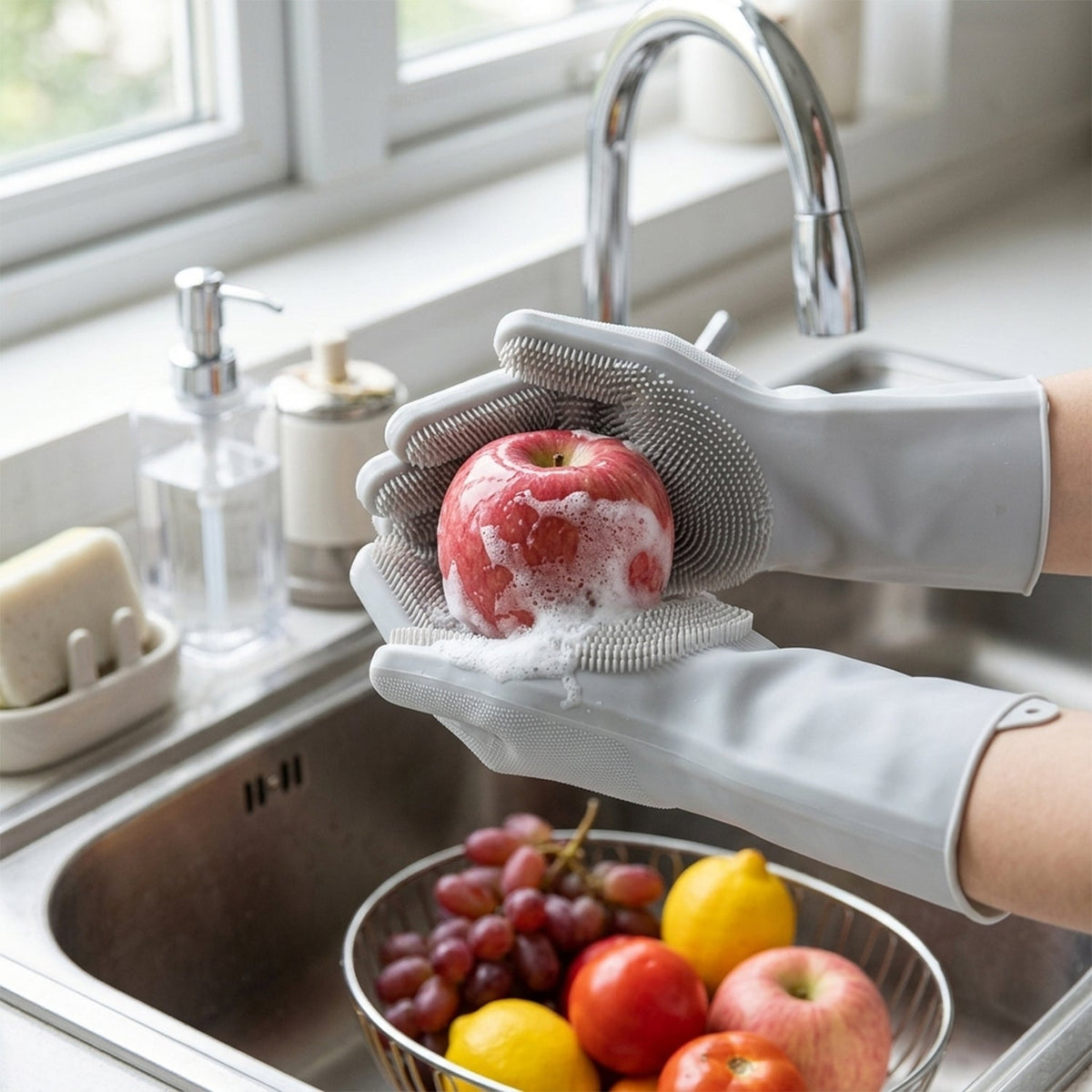 Reusable Silicone Cleaning Gloves With Scrubbing Bristles For Kitchen (1 Pair)