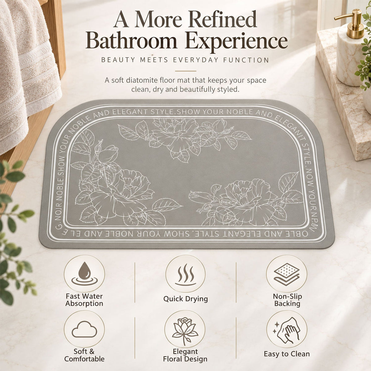 Absorbent Bathroom Mat Half Round Floral Print Quick Dry Mat (1 Pc 50x80 Cm)