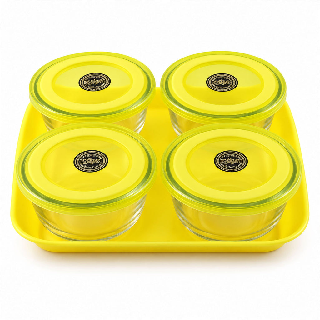 Glass Bowl Set With Plastic Lids And Serving Tray For Snacks And Nuts (5 Pc Set)