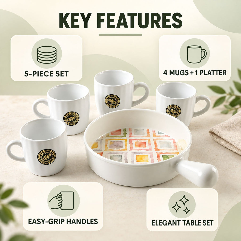 Ceramic Cup And Platter Set For Tea Coffee And Snack Serving At Home (5 Pc Set)