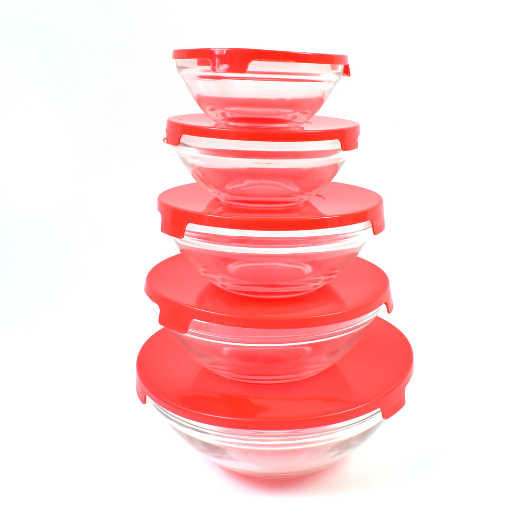 Modern Glass Bowl Set Mixing  Storage Bowls With Red Lids (5 Pcs Set)