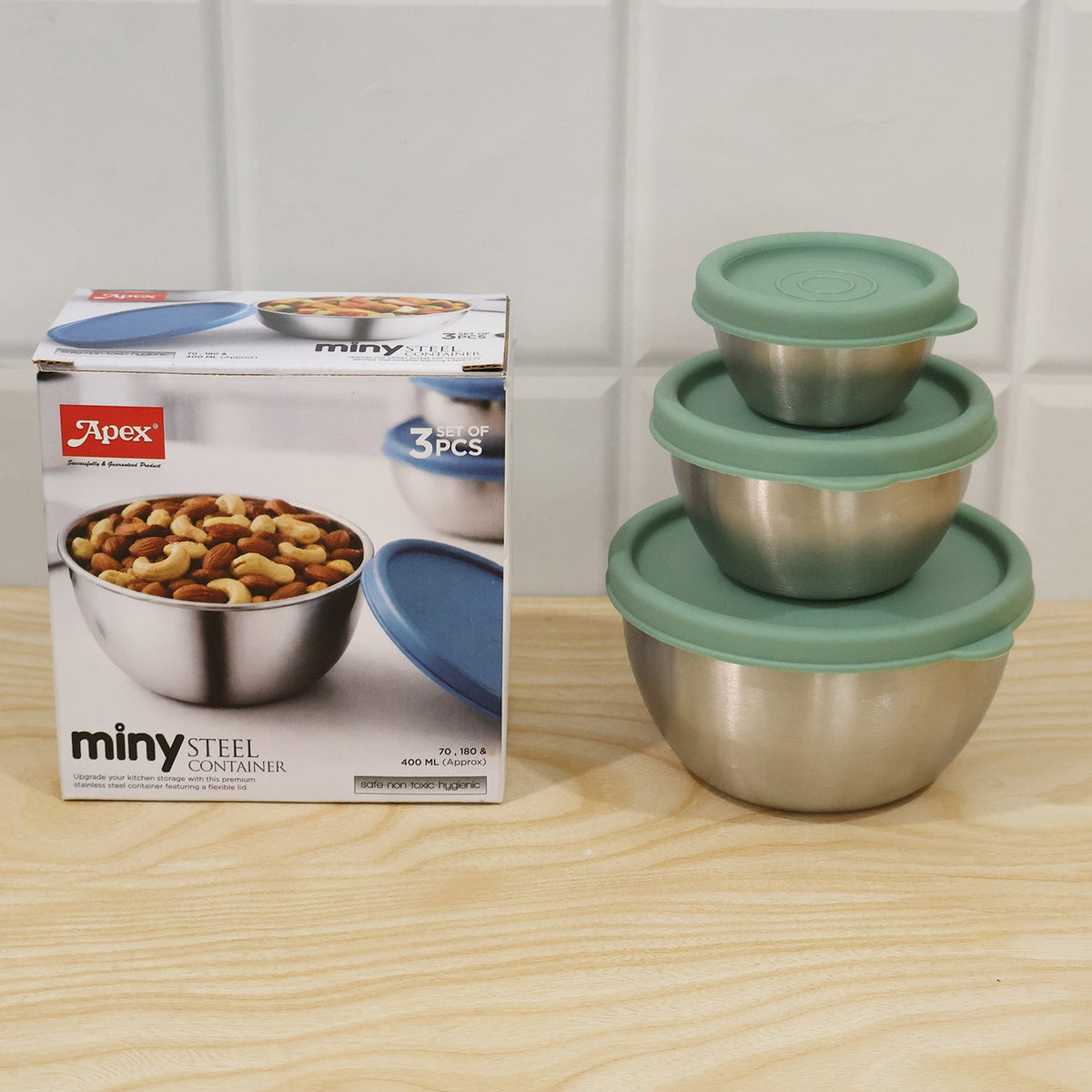 Apex Miny Steel Container Set Mixing Bowls With Lids For Kitchen (3 Pc Set)
