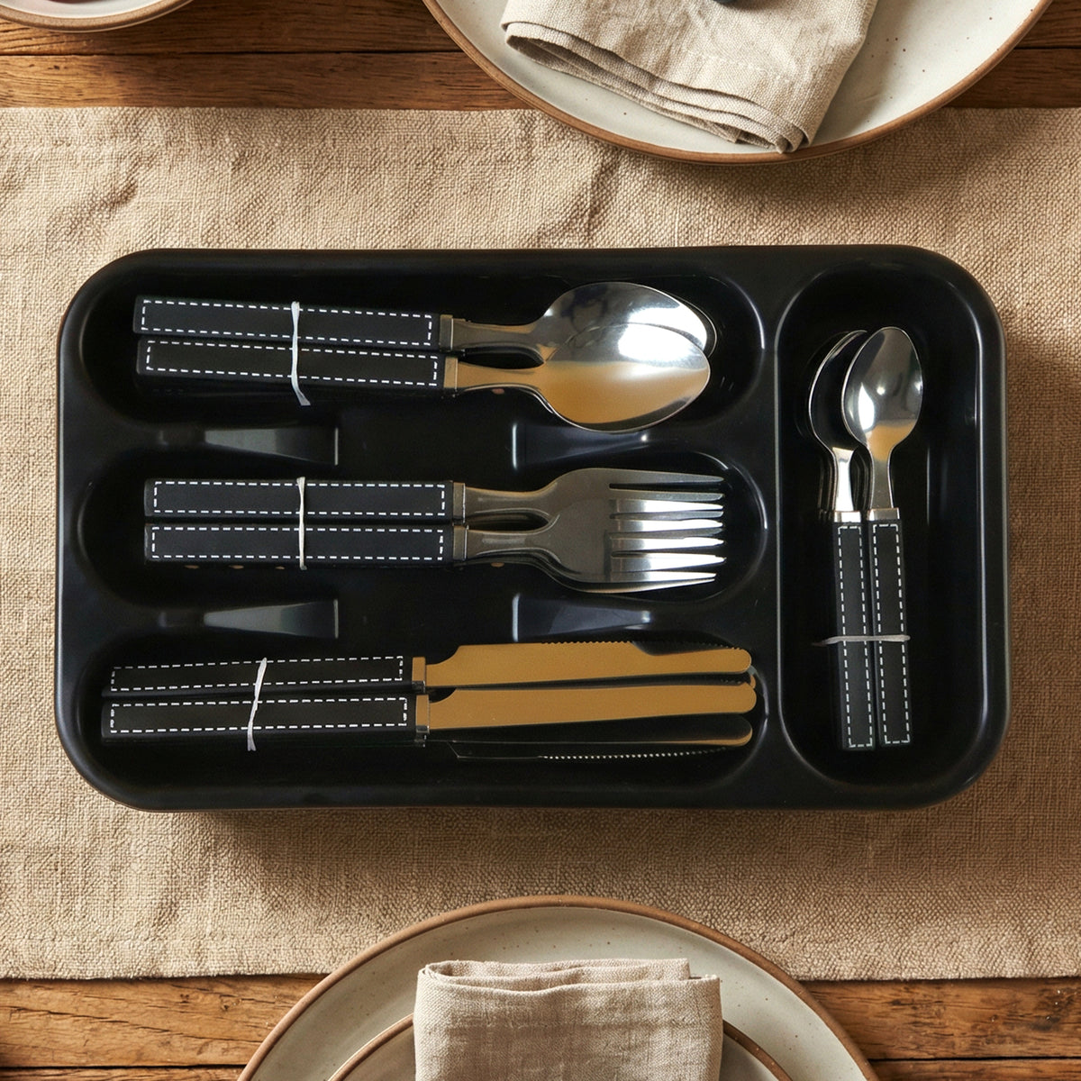 Premium Stainless Steel Kitchen Plastic Handle Cutlery Set With Tray (24 Pc Set)