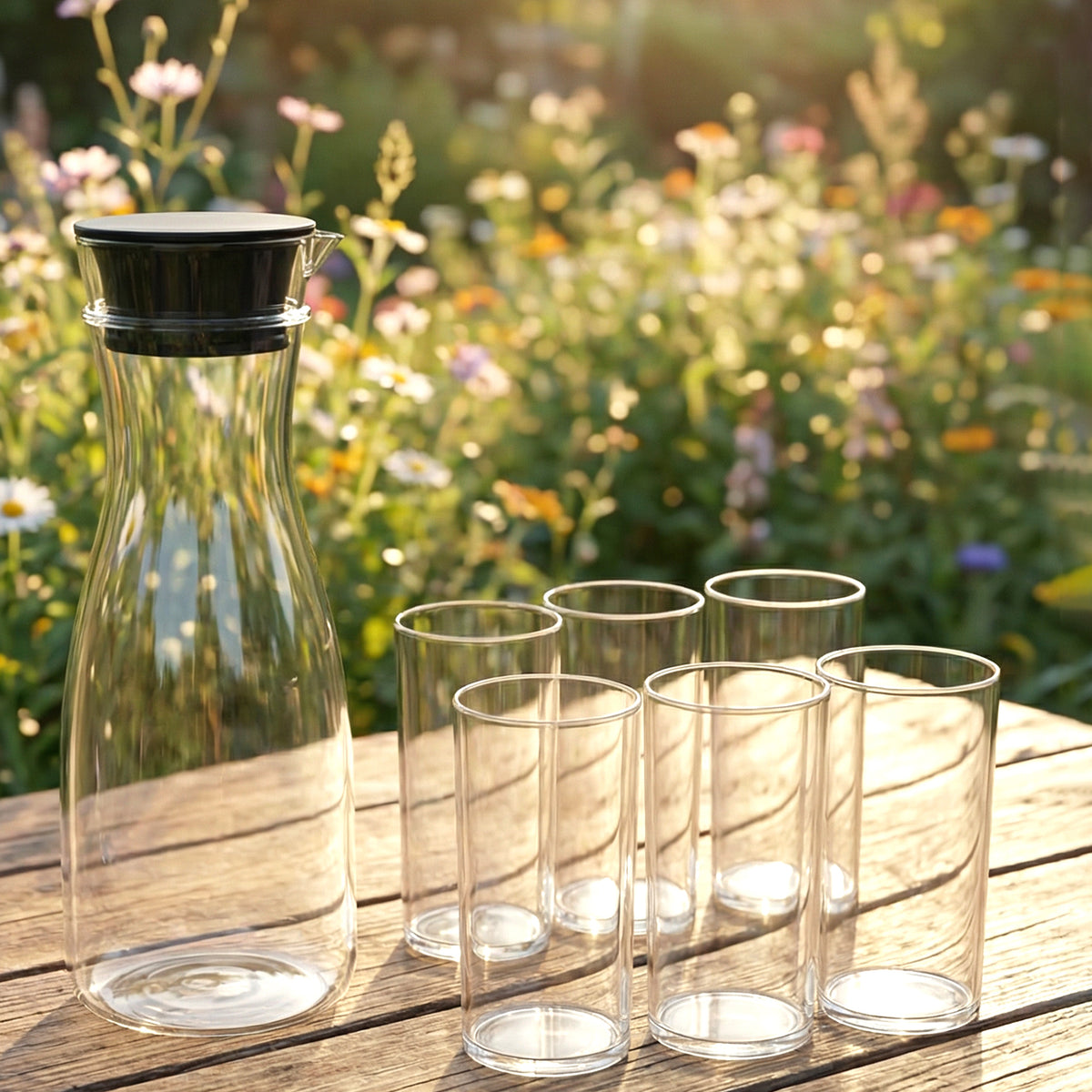 Prexo Plastic Water Jug And Drinking Glass Set (1 Jug 1000ml 6 Glasses 300ml)