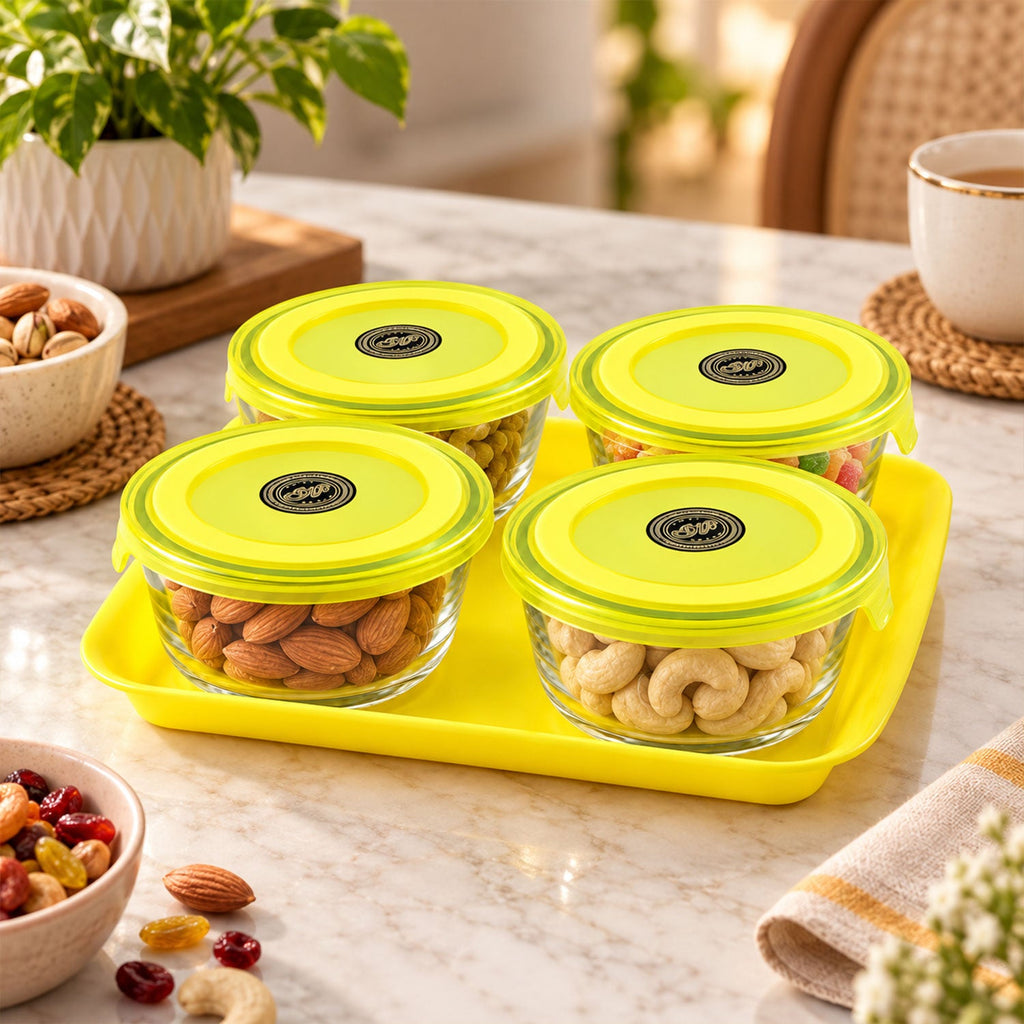 Glass Bowl Set With Plastic Lids And Serving Tray For Snacks And Nuts (5 Pc Set)