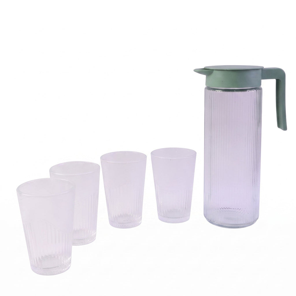 Glass Water Jug With Lid And 4 Glasses Set Ribbed Pitcher Carafe (1 Set)