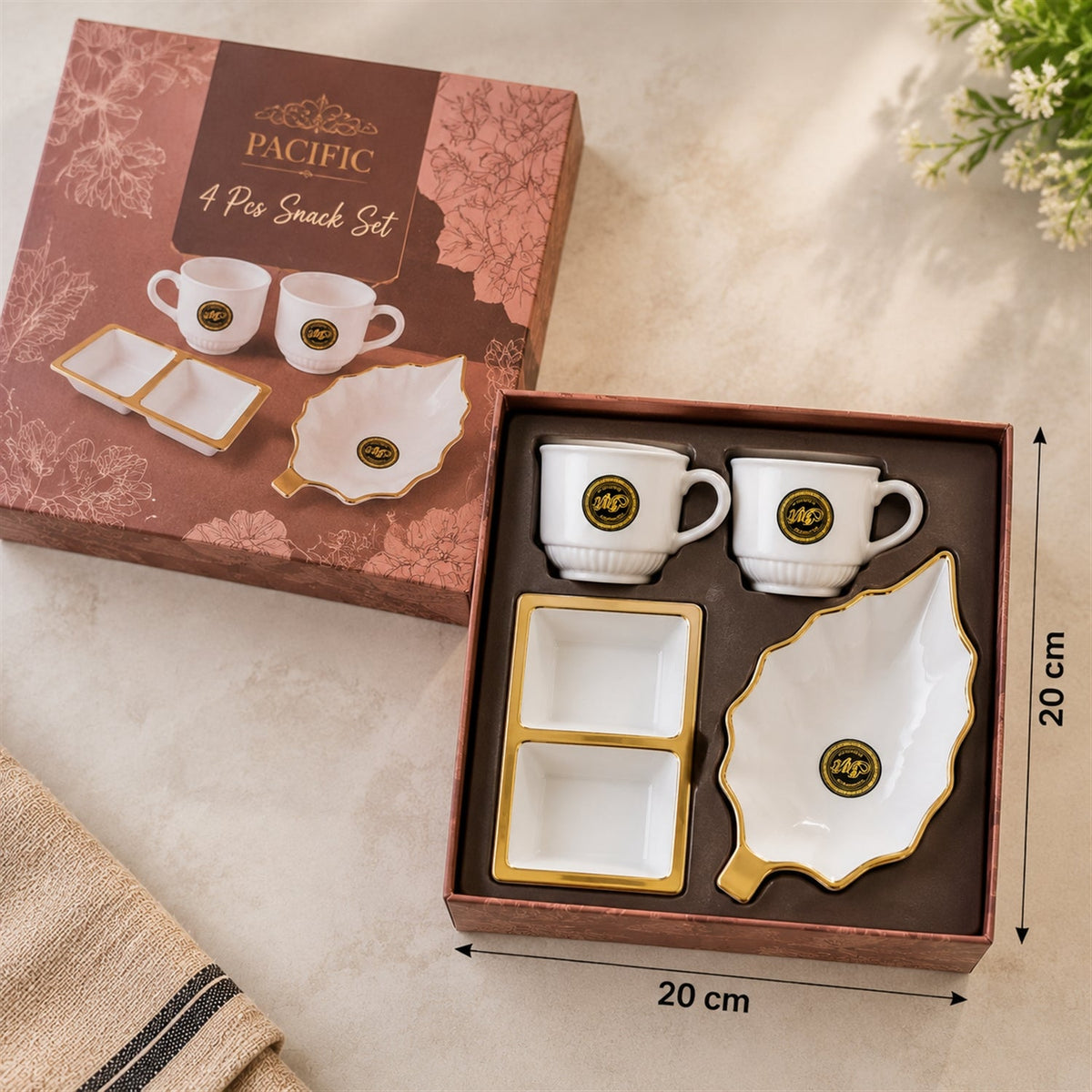 Tea And Snacks Serving Set With Cups Divided Bowl And Leaf Platter (4 Pc Set)