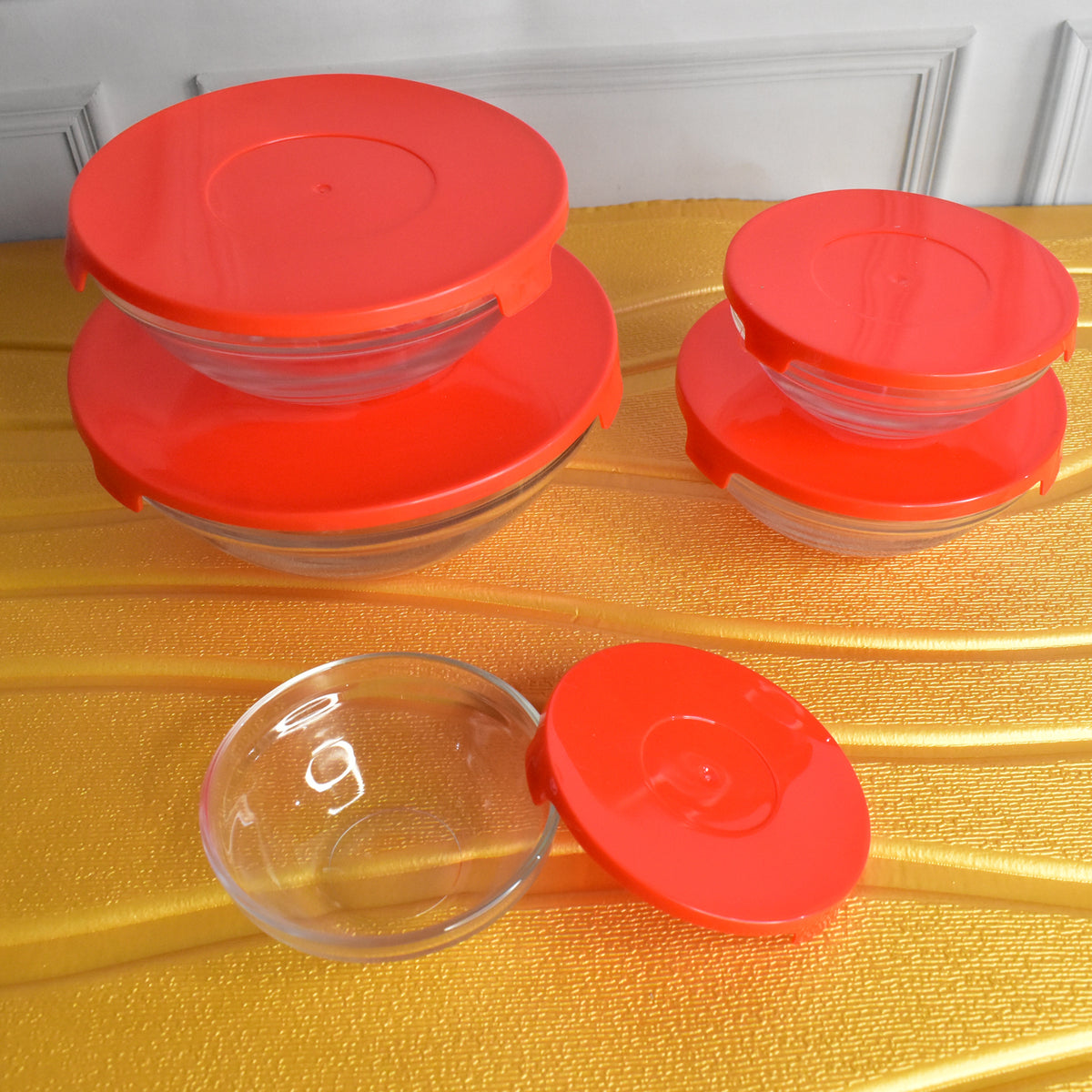 Modern Glass Bowl Set Mixing  Storage Bowls With Red Lids (5 Pcs Set)