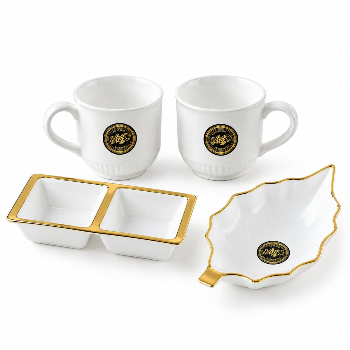 Tea And Snacks Serving Set With Cups Divided Bowl And Leaf Platter (4 Pc Set)
