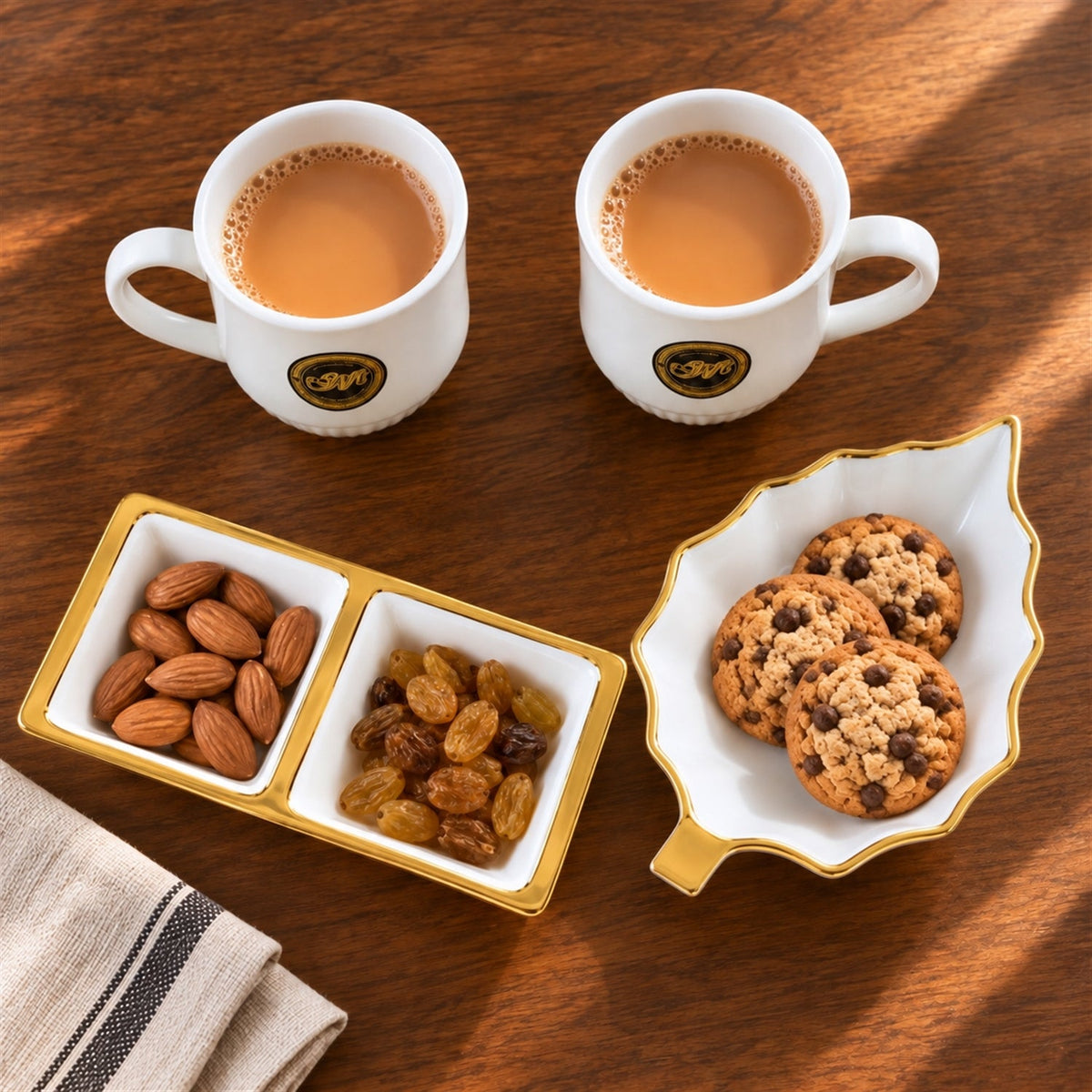 Tea And Snacks Serving Set With Cups Divided Bowl And Leaf Platter (4 Pc Set)
