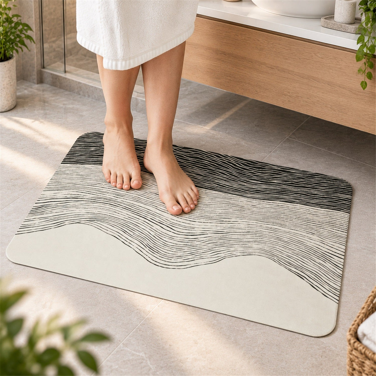 Absorbent Bathroom Mat Abstract Wave Line Print Quick Dry Mat (1 Pc 60x40 Cm)