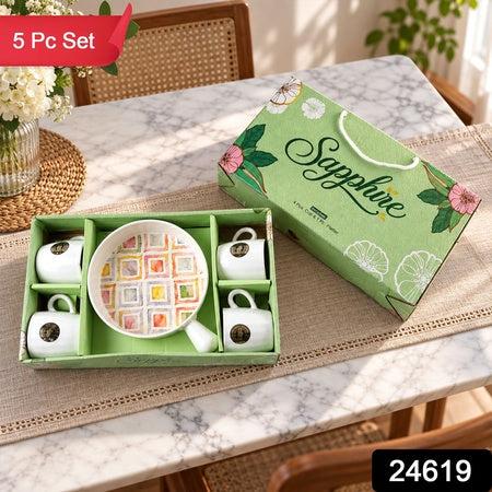 Ceramic Cup And Platter Set For Tea Coffee And Snack Serving At Home (5 Pc Set)
