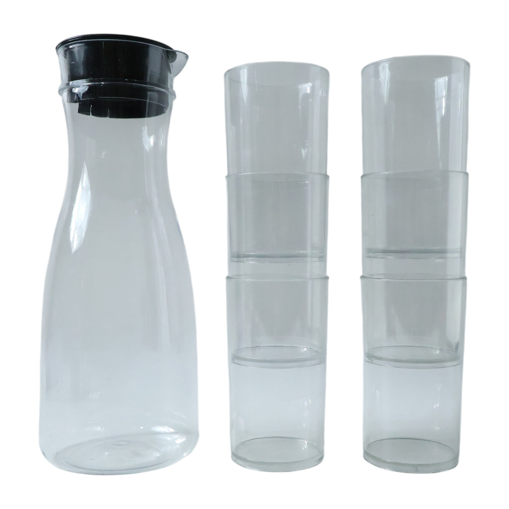 Prexo Plastic Water Jug And Drinking Glass Set (1 Jug 1000ml 6 Glasses 300ml)