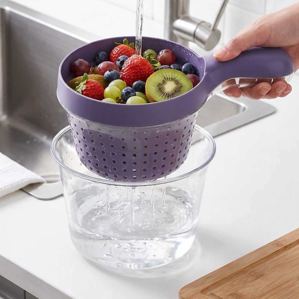 Plastic Drain Basket With Handle And Catch Bowl For Fruits And Vegetables (1 Pc)