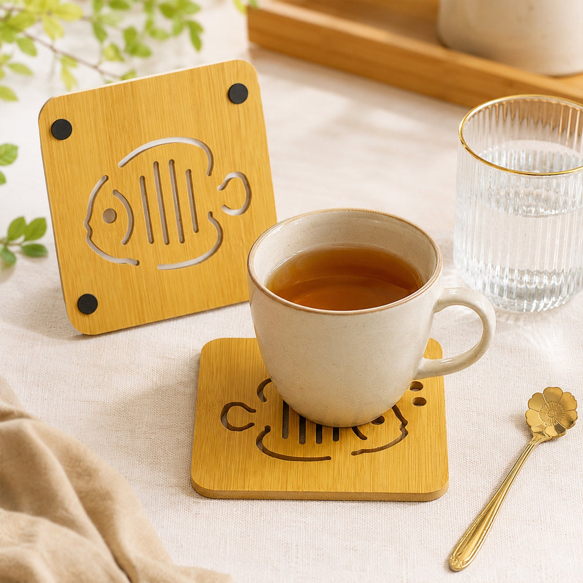 Square Wooden Coaster With Cut Out Design For Tea And Coffee (1 Pc)