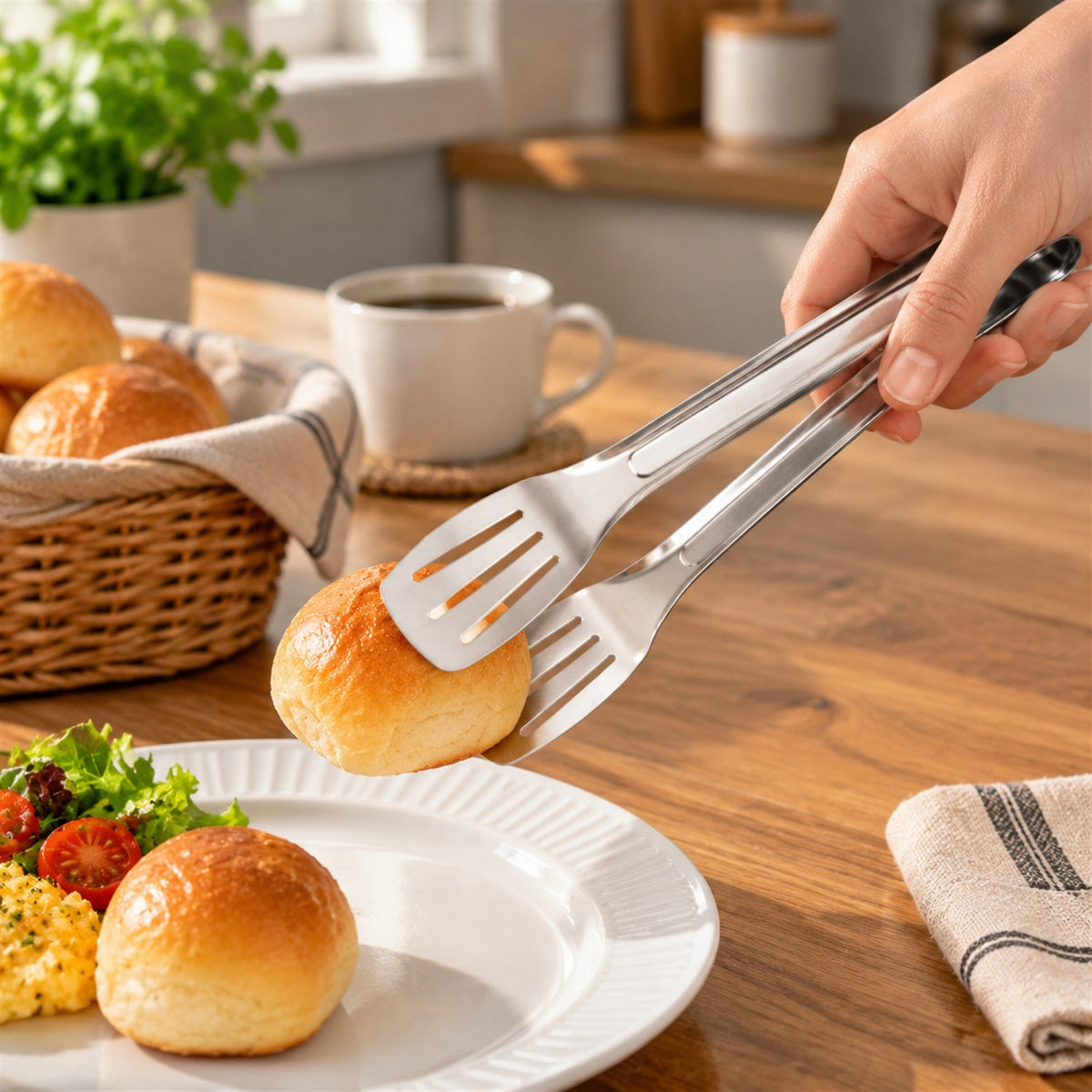 Stainless Steel Kitchen Tongs With Slotted Heads For Cooking And Serving (1 Pc)